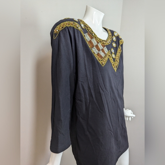 Vintage 90s Black Embellished Top Gold Beaded Sequin Statement Shirt - Picture 6 of 9